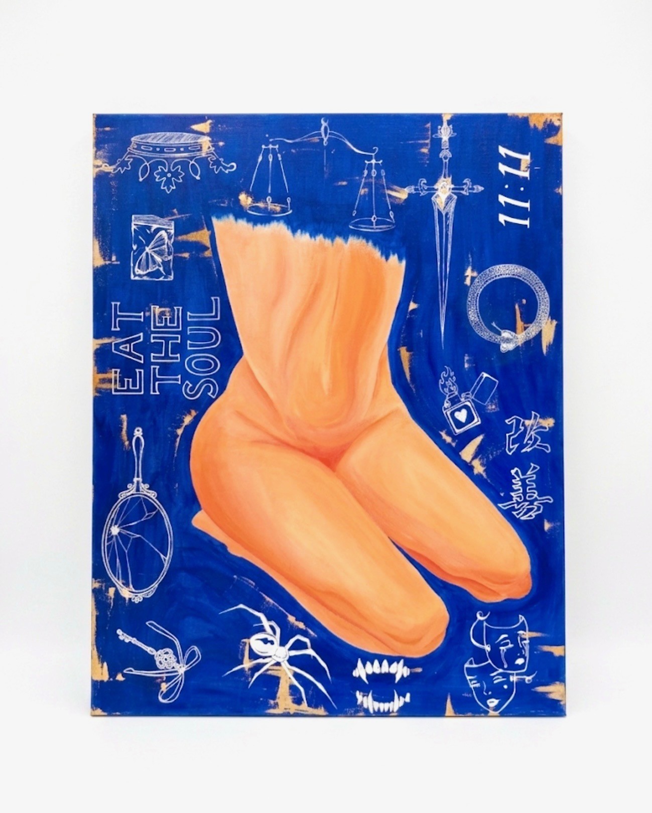 Mercy: kneeling figure in warm orange on a cobalt blue field scuffed with gold, surrounded by white line drawings: a crown, hanging scales, an ornate dagger, an ouroboros, a butterfly sealed in a bag, a cracked hand mirror, a key, a black widow, fangs, and the masks of comedy and tragedy.
