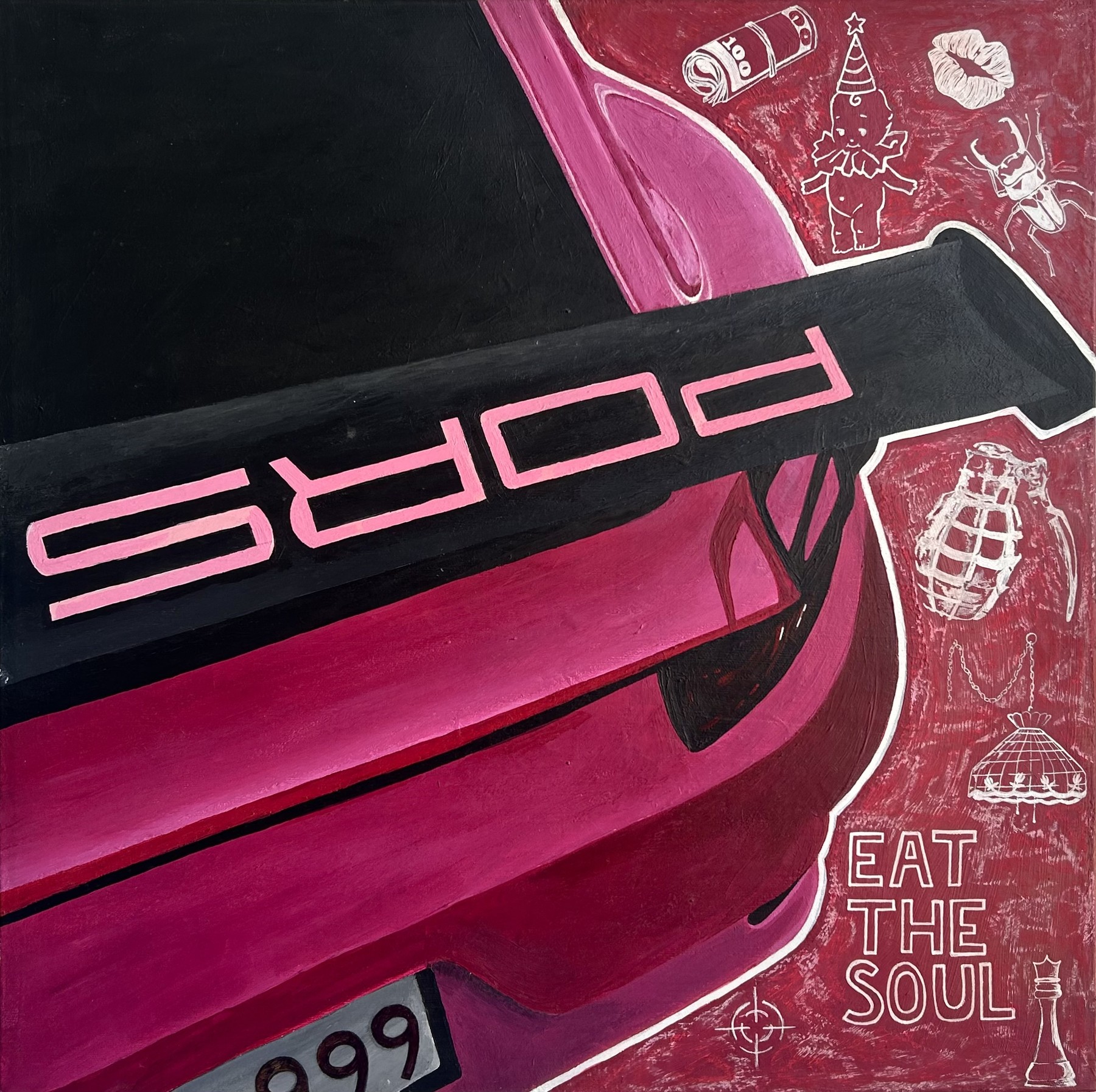 Hunger: the rear wing of a pink and black Porsche, its lettering mirrored, traced with a white contour on a crimson field scattered with white line drawings: a roll of money, a kewpie doll in a party hat, lips, a stag beetle, a grenade, a chandelier on a chain, a crosshair and a chess queen, above the plate 999.