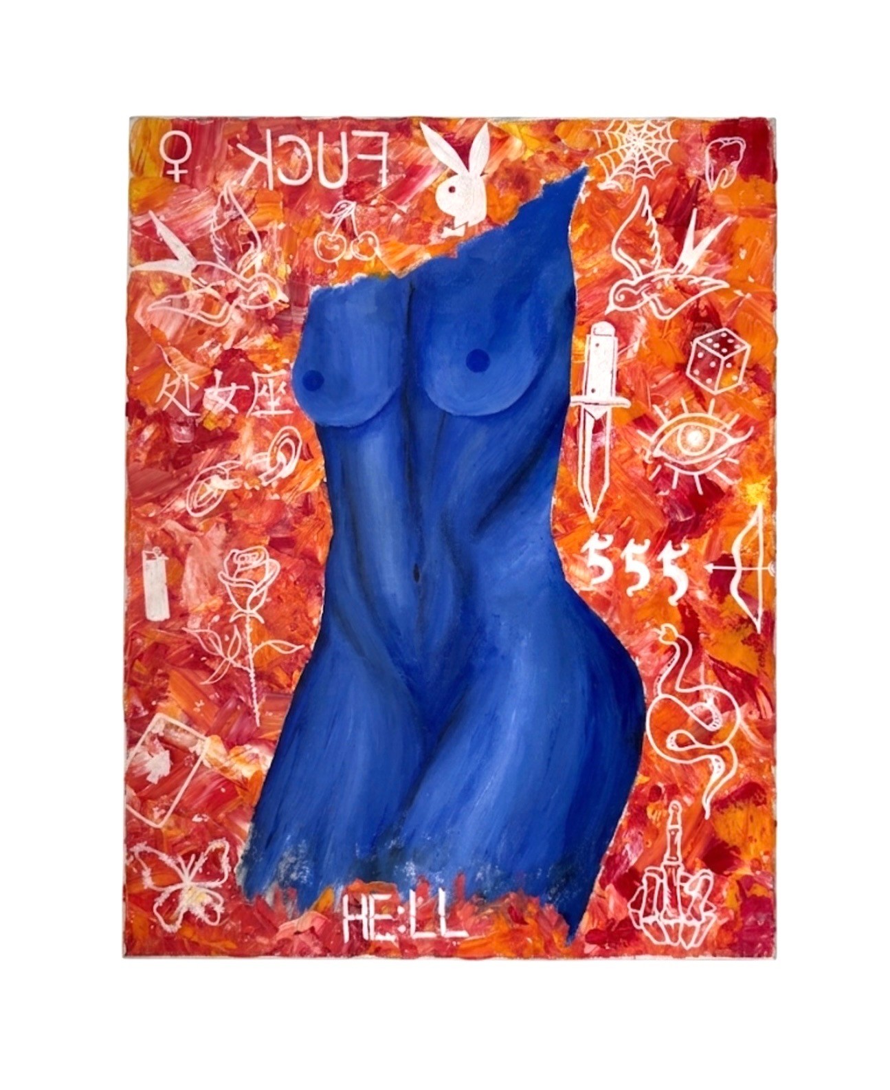 Blues: a torso in deep cobalt blue standing on a fiery red, orange and yellow impasto field, surrounded by white line drawings: a Venus symbol, the word FUCK mirrored, a bunny, cherries, a spider web, a tooth, swallows, the characters for Virgo, a dagger, dice, an eye, a rose, a lighter, an ace of hearts, a butterfly, a bow and arrow, a serpent, the number 555 and the word HE:LL.