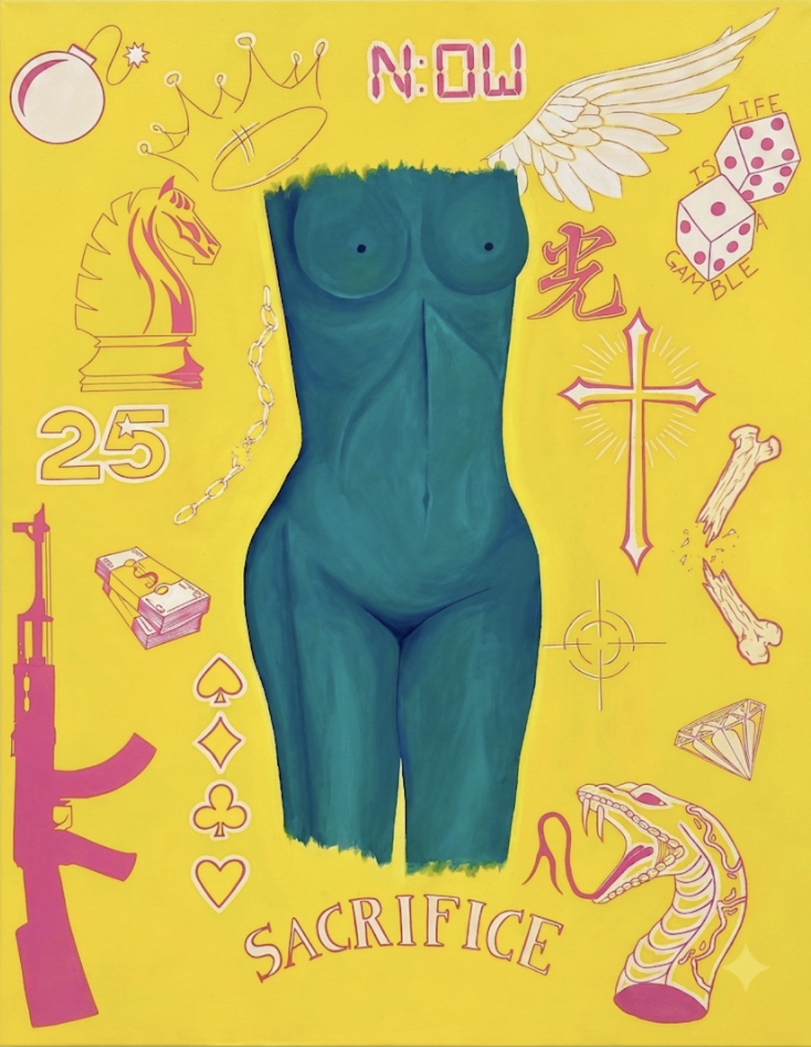 Becoming: a teal-green torso on a bright yellow field, surrounded by pink line drawings: a bomb, a crown, a chess knight, the number 25, an AK-47, a roll of money, the four card suits, an angel wing, dice reading LIFE IS A GAMBLE, a radiant cross, a broken bone, a crosshair, a diamond, a fanged serpent, the word NOW and the word SACRIFICE.